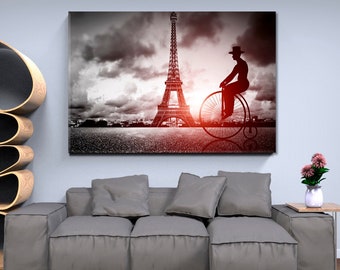 Paris Retro | Old City Art Canvas Print, Retro Man Retro Bike Eiffel Tower Paris Vintage Large Wall Art Canvas Print Ready To Hang Art