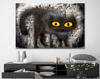 May include: A black cat with bright yellow eyes stares directly at the viewer. The cat is depicted in a cartoon style with a fuzzy, textured coat. The background is a black and white abstract design.