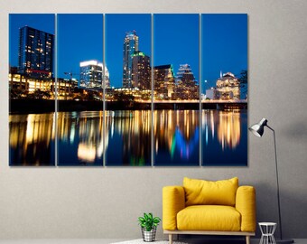 Texas Austin Night City Wall Art, Colorado River Wall Decor, Austin Cityscape Wall Art, Austin Canvas Print, USA Texas Travel Poster