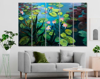 May include: A four-panel canvas print depicting a pond scene with water lilies and lily pads. The water is a light blue colour, and the lily pads are green. The water lilies are pink and white. The background is a dark green colour.