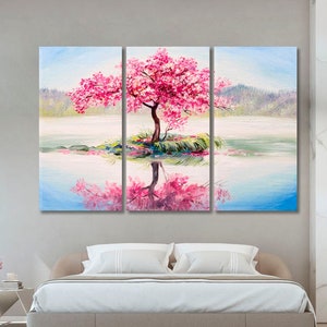 Sakura Wall Art, Sakura On Lake Wall Art Canvas Print, Oriental Cherry Tree Large Wall Decor, Sakura Canvas Print, Sakura Wall Art Decor