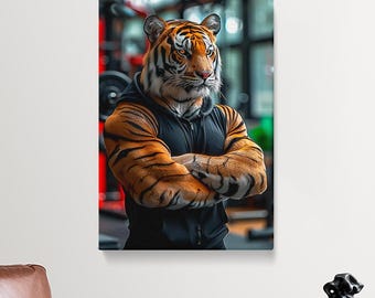 Canvastavla med tigertränare, väggkonst för gym, djurinspirerad träningsrumsdekor, djärv present till personliga tränare eller gymentusiaster
