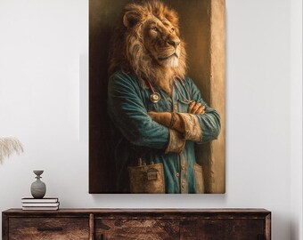 Lion Doctor in Blue Coat Canvas Print, Animal Hospital Wall Art, Medical Office Decor, Unique Gift for Doctor