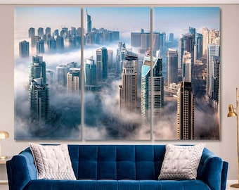 UAE | Dubai Skyline Photo Poster Print, Dubai Marina Wall Art, Dubai Foggy Landscape, Abstract Urban Wall Hangings, Mist Clouds Skyscrapers