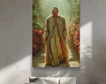 Elegant Woman Tropical Garden Canvas Print, Regal Fashion Portrait Wall Art, Botanical Scene for Bedroom or Studio