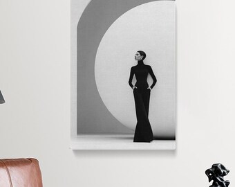 Fashion Woman Portrait Canvas Print, Minimalist Wall Art in Black and White, Monochrome Decor