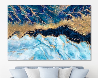 Blue Marble Abstract Wall Art - Abstract Blue Artwork, Golden Veins Art Print, Extra Large Abstract Canvas Print, Abstract Office Wall Decor