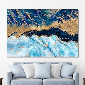 Art mural abstrait en marbre bleu - Oeuvre d'art bleue abstraite, impression d'art veines dorées, très grande impression sur toile abstraite, décoration murale de bureau abstraite