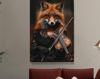 Art mural renard, renard jouant du violon, impression sur toile, impression d'art musique gothique, décoration pour salle de musique, décoration murale musique classique, oeuvre d'art élégante