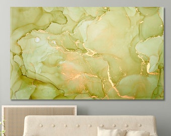 May include: Abstract art print with green and gold swirling patterns. The print has a modern and minimalist style.