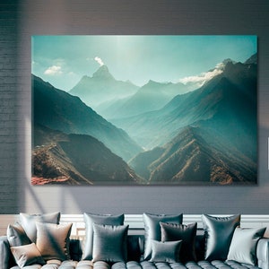 Nepal Himalayas Wall Art, Mighty Misty Snow-Capped Himalay Mountain Canyon Poster Print, Breathtaking Panoramic View Wall Decor, Forests Art