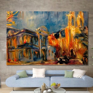 Grunge Old City Night Street Large Canvas Print, Palette Knife Landscape Artwork, Cityscape Art Painting, Abstract Modern Oil Painting