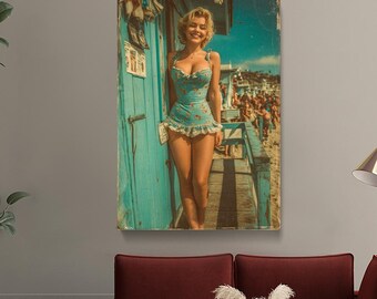 Retro Blonde Canvas Print, Vintage Beach Pin-Up Wall Art, 1950s Summer Girl Poster Art Picture