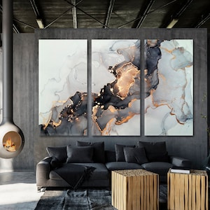 Peinture murale à l'encre | Impression sur toile en marbre noir et blanc grande décoration murale, panneaux muraux fluides, art du marbre, bel art pour la décoration intérieure