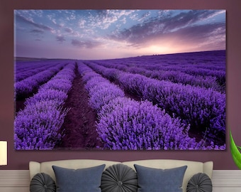 Impressão em tela de campo de lavanda, linda decoração de parede com fotos de paisagens, arte de parede grande com Lawanda roxa, decoração de parede moderna com natureza, decoração de arte emoldurada