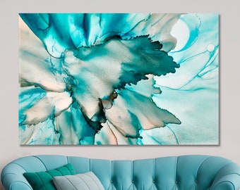 Sky Blue Ink Flowers Transparent Colors Canvas Print Wall Art, Abstract Marble Wall Art, Marble Veins Canvas Art, Marble Waives Art Canvas