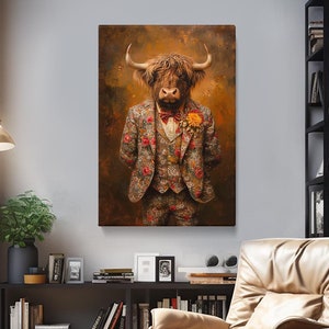 Highland Cow in Floral Suit Canvas Print, Quirky Wall Art, Whimsical Animal Portrait, Rustic Decor, Highland Cow Office Wall Decor