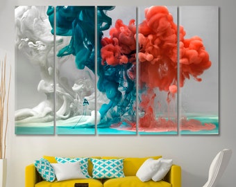 Abstract Red Blue White Colored Drop Water Motion Poster Print, Ink Clouds Swirls Wall Decor, Bright Colors Acrylic Paint Giclee Ink Decor