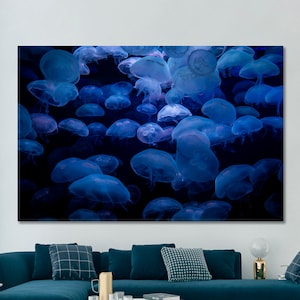 Jellyfish Swarm Canvas Print, Marine Life Wall Art, Mystical Underwater Scene, Luminous Blue Oceanic Decor for Contemporary Spaces