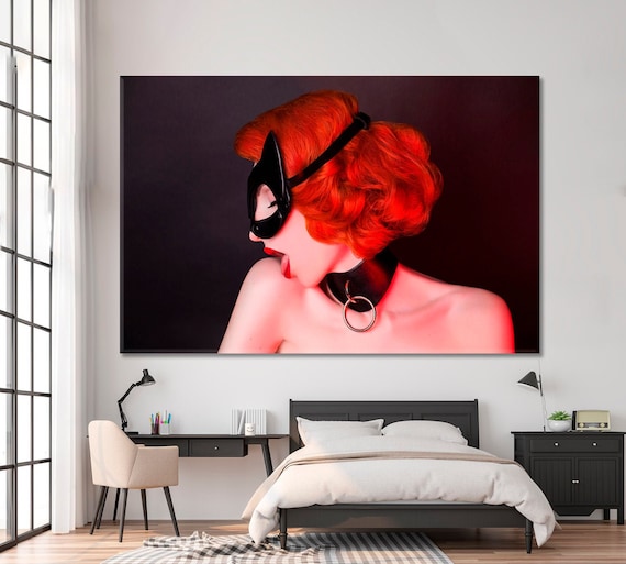 Lady Cat Wall Art, BDSM Cat Mask Art Print, Fetish Girl Large Wall Decor, Sexy BDSM Woman Painting, Erotic Canvas Art, Sadomasochism Poster