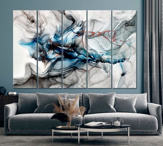 Blue Gray Black Marble Transparent Veins Modern Abstract Art