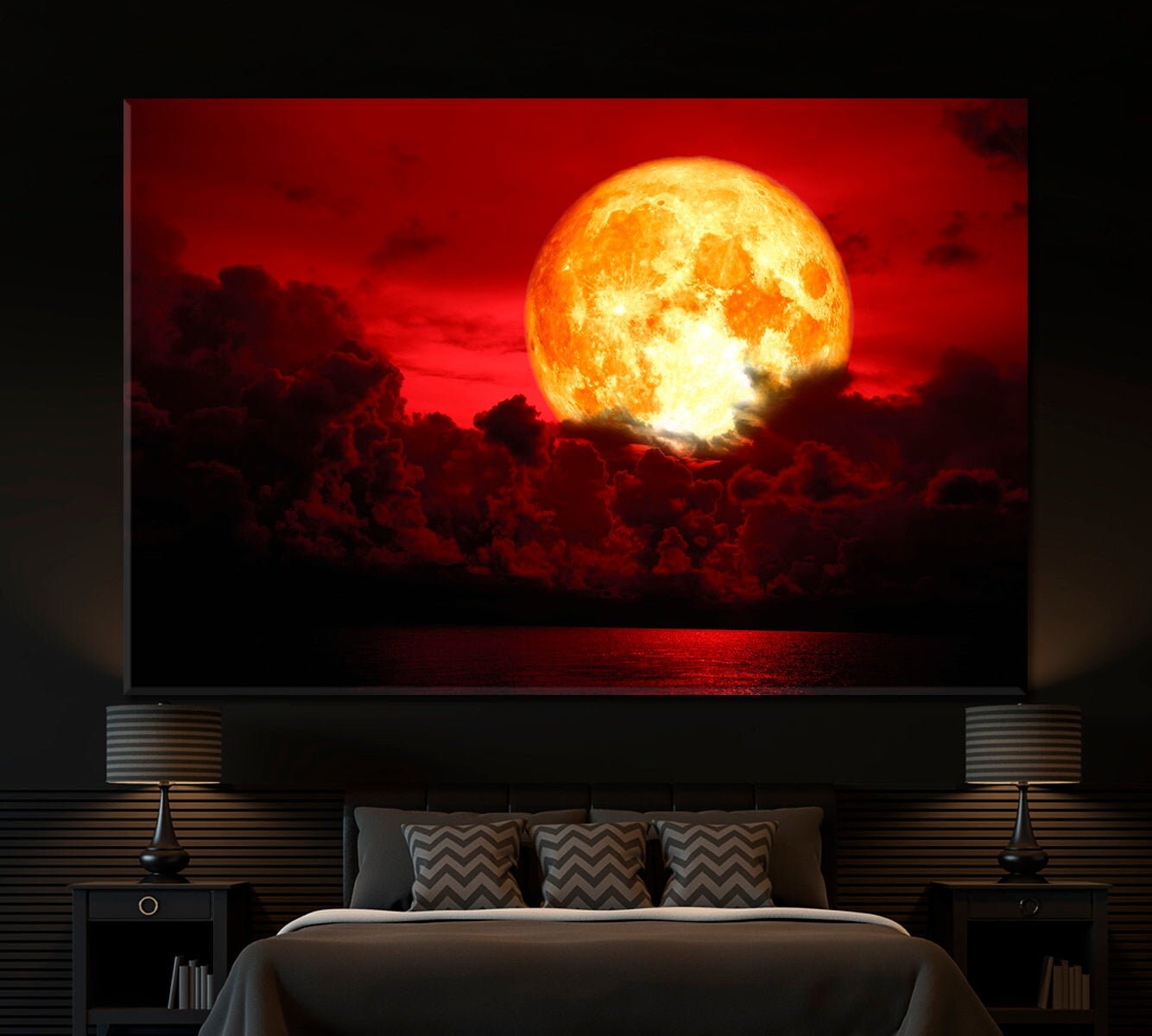Eclipse Full Blood Moon Canvas Art Moon Wall Art Sea Cloud Etsy