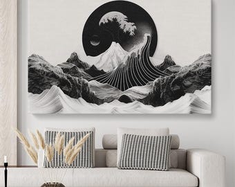 Impresión en lienzo de montaña, arte mural de montaña en blanco y negro, obra de arte abstracta de montaña para decoración del hogar y la oficina, decoración artística en blanco y negro