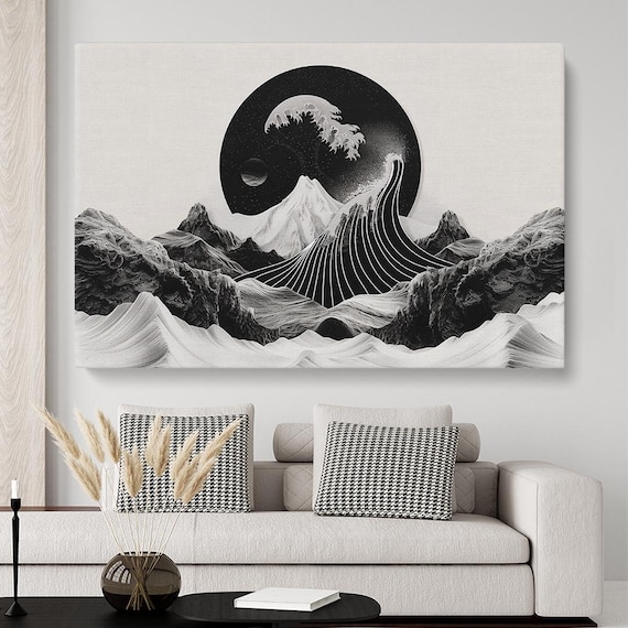 Mountain Canvas Print, Black and White Mountain Wall Art, Abstract