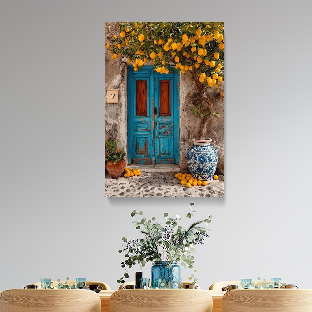 Rustic Blue Door With Lemon Tree Canvas Print, Greek Village Wall