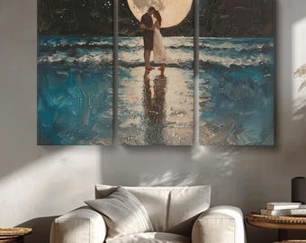 Lienzo decorativo para parejas, arte mural nocturno sobre el océano, regalo de aniversario, decoración romántica para dormitorio o sala de estar, cuadro artístico de playa a la luz de la luna.