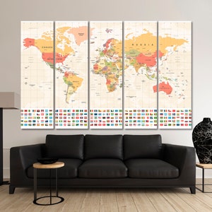 Arte de parede com mapa-múndi, impressão em tela de mapa grande, pôster de mapa-múndi, impressão de arte de mapa-múndi, impressão de arte de mapa-múndi, painéis múltiplos de mapa abstrato, arte de mapa