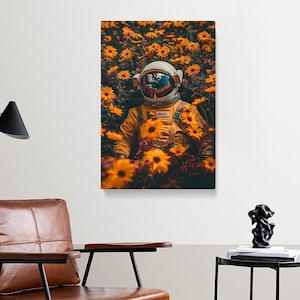Astronaut Art Decor, Surreal Astronaut in Wildflower Field Canvas Print, Vibrant Floral Space Wall Art, Unique Bedroom Decor, Astronaut Art