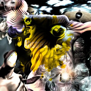 May include: Abstract digital art with swirling shapes and colors. The artwork features a mix of yellow, black, white, and purple hues, with text that reads "Abstract". The image has a surreal and dreamlike quality, with a focus on form and texture.