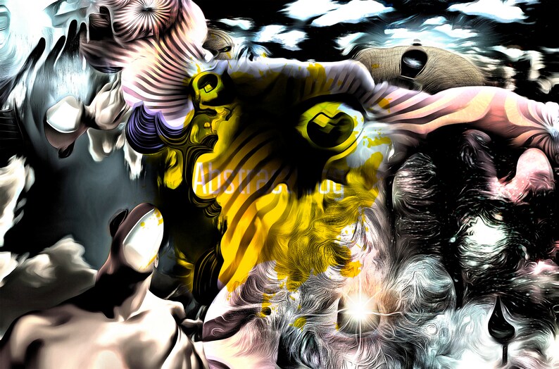May include: Abstract digital art with swirling shapes and colors. The artwork features a mix of yellow, black, white, and purple hues, with text that reads "Abstract". The image has a surreal and dreamlike quality, with a focus on form and texture.