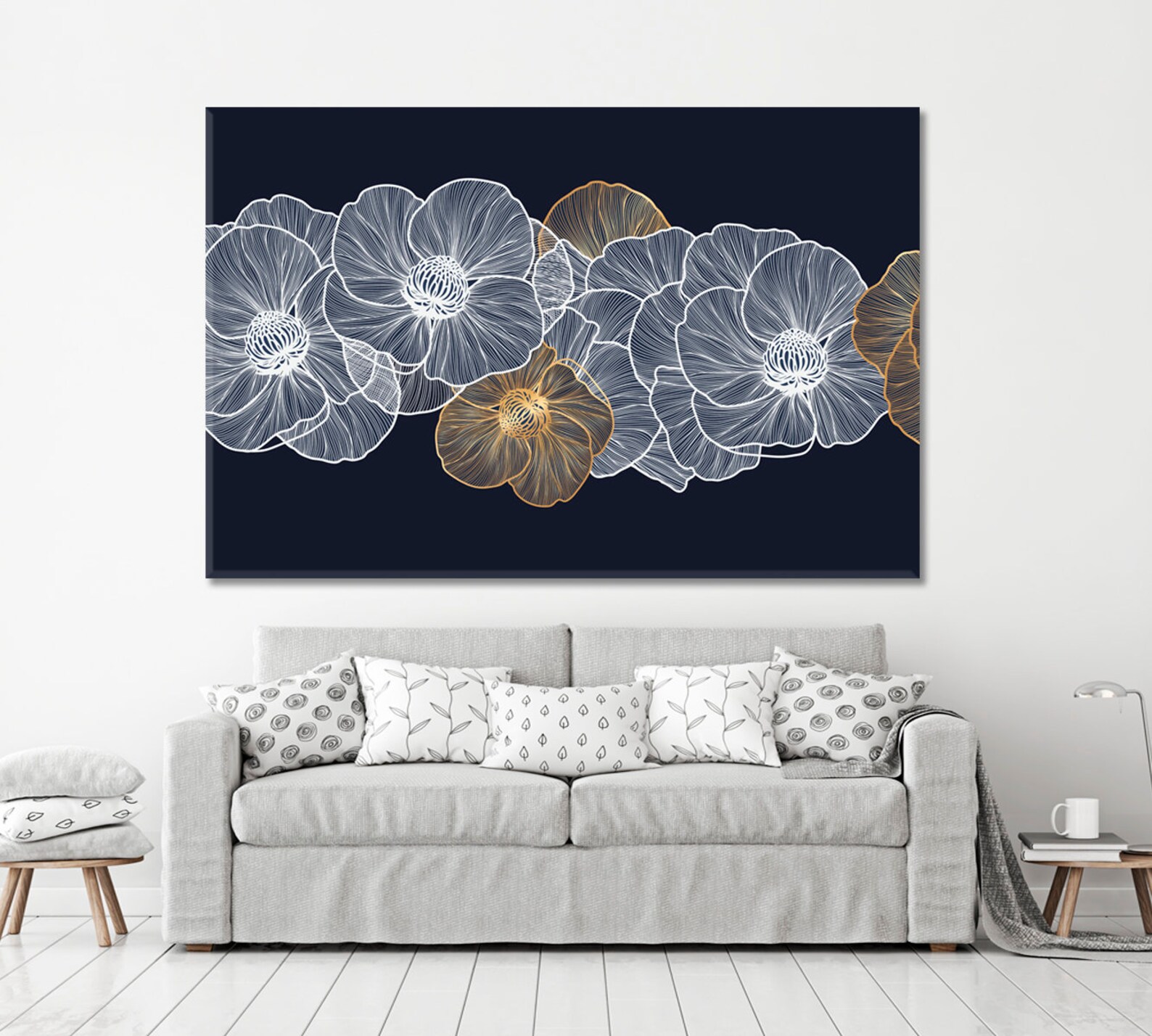 Luxury Dark Blue Art With Flower Design Wall Art Canvas Print - Etsy