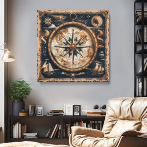 Vintage Kompass Leinwanddruck, Kompass Wandkunst, Alte Weltkarte Kunstwerk, Kompass Kunstdrucke gerahmte Leinwand, rustikales Ozeandekor