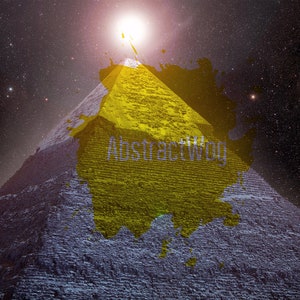 May include: An artistic digital image featuring a pyramid with a yellow paint splash overlay. The text "AbstractWog" is visible on the pyramid. The background is a starry night sky with a bright light source.