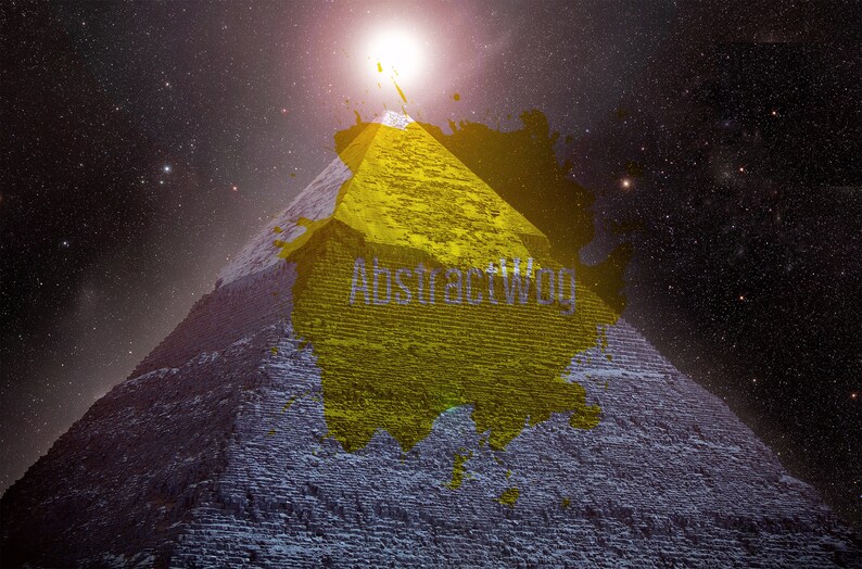 May include: An artistic digital image featuring a pyramid with a yellow paint splash overlay. The text "AbstractWog" is visible on the pyramid. The background is a starry night sky with a bright light source.