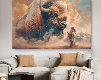 Bisonkonsttryck, kanvastavla med bison och infödd krigare, väggkonst med amerikansk indiankrigare för vardagsrum, bisonkonstverk som present