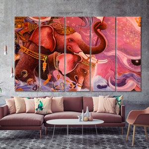 May include: A multi-panel painting depicting two pink elephants with ornate headwear and jewelry. The elephants are set against a pink and purple background with swirling patterns and a single eye.