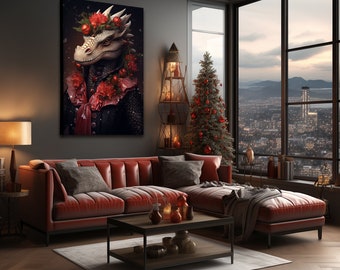 Festive Dragon Portrait Canvas Print, Holiday Fantasy Decor, Mythical Beast Wall Art, Ideal Gift for Fantasy Lovers