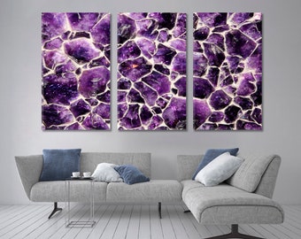 Amethyst Rock Wall Art, Abstract Wall Decor, Violet Wall Art, Large Canvas Print, Trendy Multi Panels, Purple Stone Photo Print, Marble Art