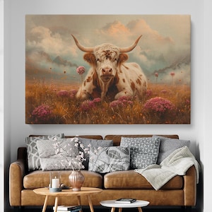 Highland Cow Canvas Print, Rustic Highland Wall Art, Country Farmhouse Cattle Painting, Floral Decor, Gift for Nature and Ranch Lovers
