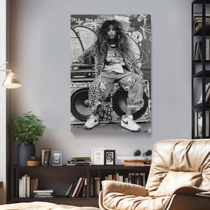Retro Boombox Canvas Print, Hip-Hop Wall Art, Music Artwork, Hip-Hop Women Modern Art, Female Rapper Art Decor, Gift for Music Lovers