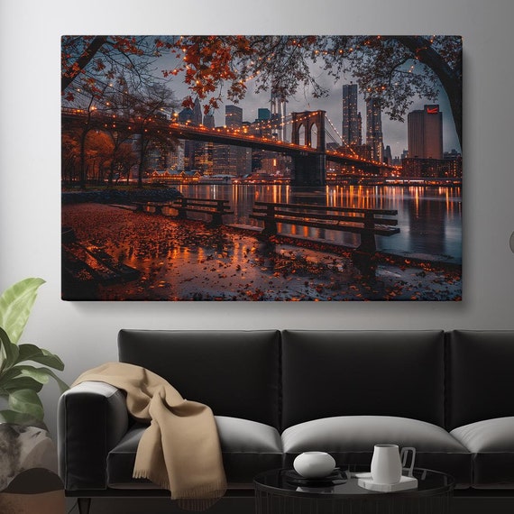 夕暮れのブルックリン橋のキャンバスプリント、ニューヨークの夜の
