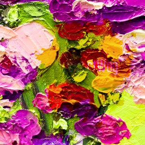 May include: Abstract painting of flowers in shades of pink, purple, yellow, and red. The flowers are painted with thick, textured strokes of paint, creating a vibrant and dynamic composition.