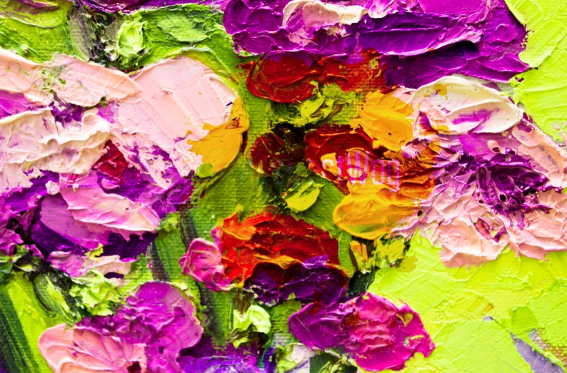 May include: Abstract painting of flowers in shades of pink, purple, yellow, and red. The flowers are painted with thick, textured strokes of paint, creating a vibrant and dynamic composition.
