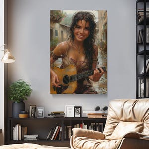 Woman With Guitar Canvas Print, Guitar Art Print, Boho Wall Art, Music Art Decor, Guitar Wall Hangings, Woman Playing Guitar Art Picture