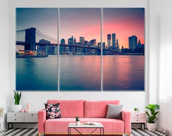 Brooklyn Bridge Wall Hangings, New York Giclee Print, NYC Sunset Wall Decor, Manhattan Interior Gift, Downtown Home Decoration