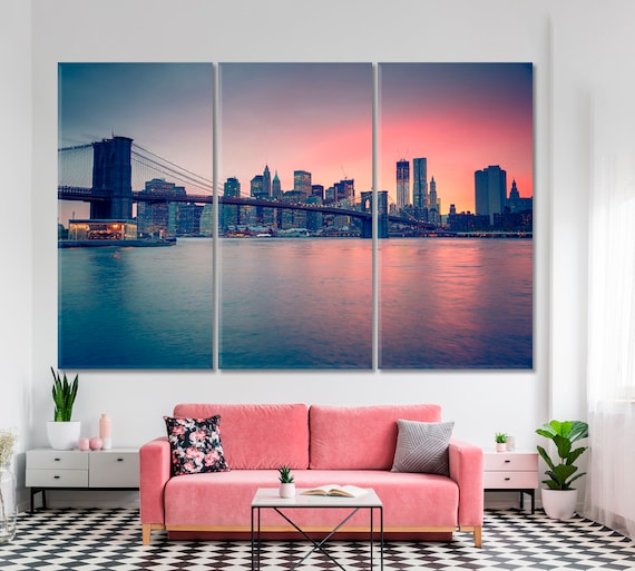 Brooklyn Bridge Wall Hangings, New York Giclee Print, NYC Sunset Wall Decor, Manhattan Interior Gift, Downtown Home Decor, USA Downtown Art